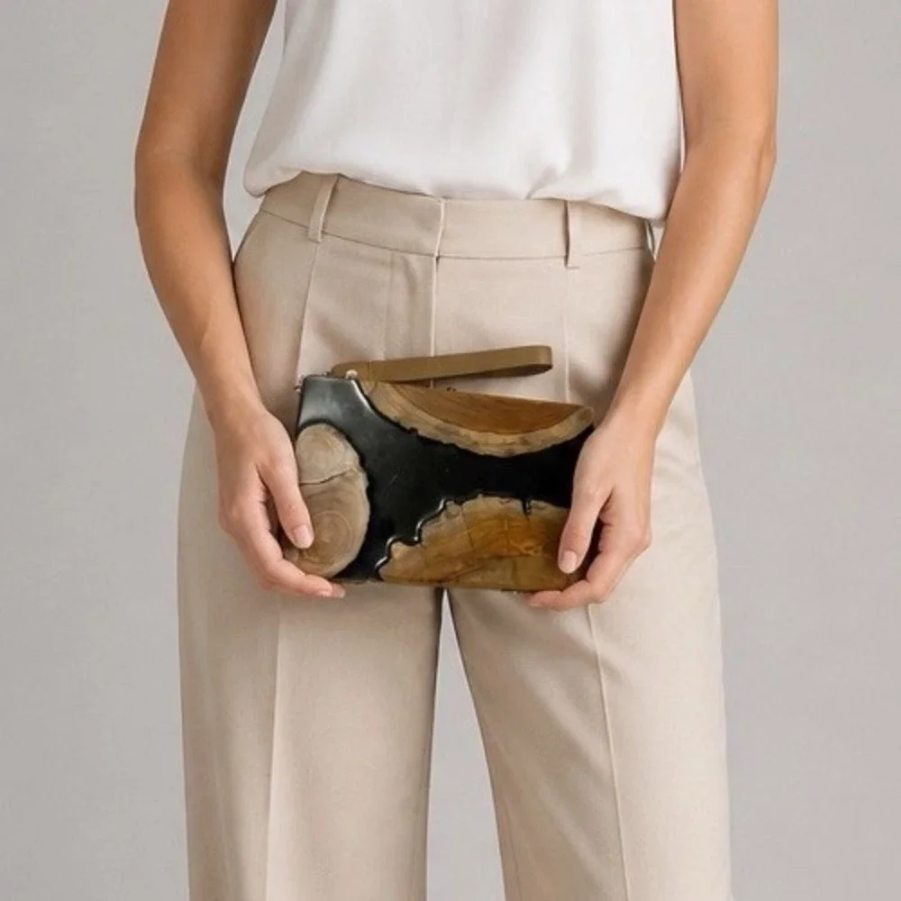 Biofurface $250 Teak Wood Side Handle Bag with Epoxy Resin Eco Friendly Art Fall